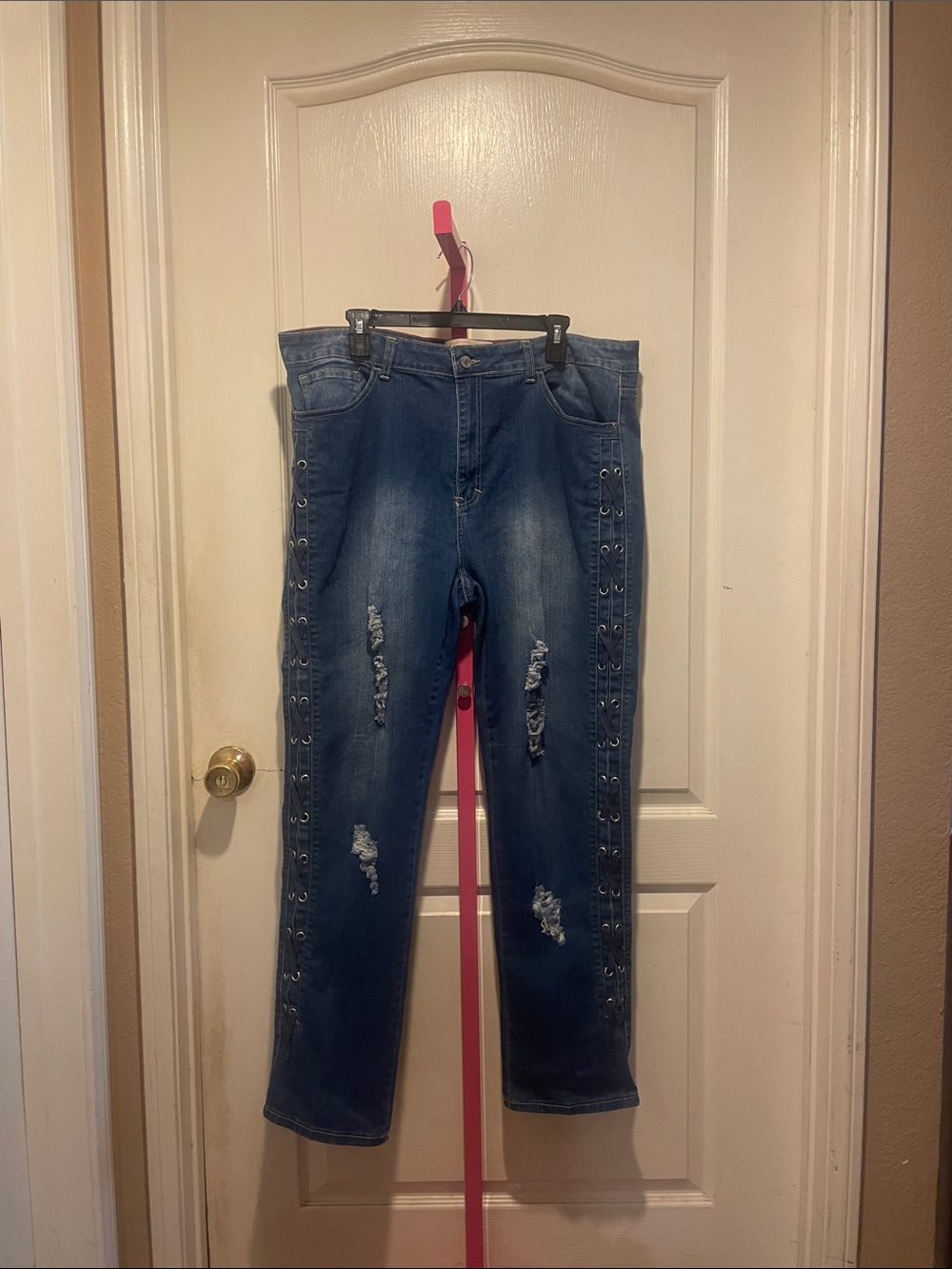Straight Leg Distressed Blue Jeans with Side Grommet Detail